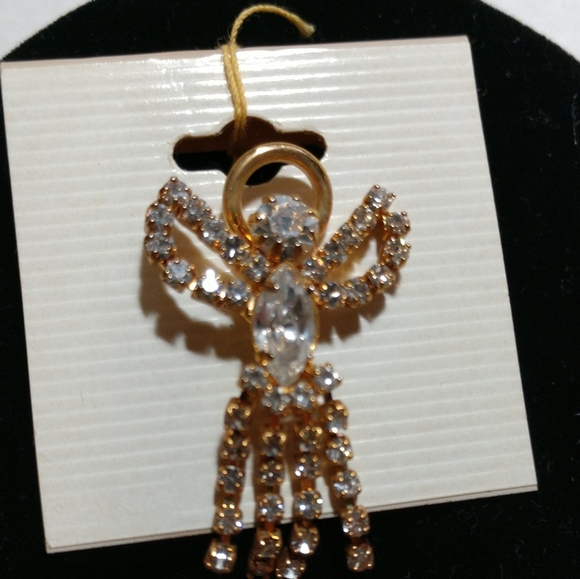 Antique Gold Tone Faux Diamonds Angel Pin 1 1/4" Inches - Picture 2 of 8